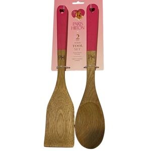 Paris Hilton 2 Piece Acacia Wood Kitchen Tool Set Pink Heart Handle Spoon Turner